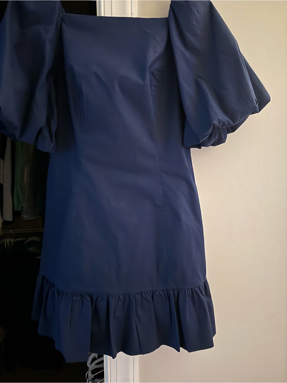 NEW-Crown and Ivy-Navy Puff Sleeve Ruffle Hem Mini Dress
